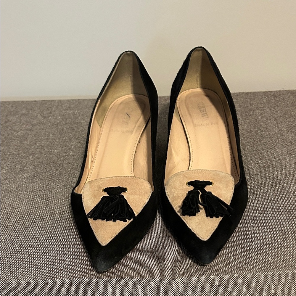 J. Crew Black and Cream Heels with Tassels